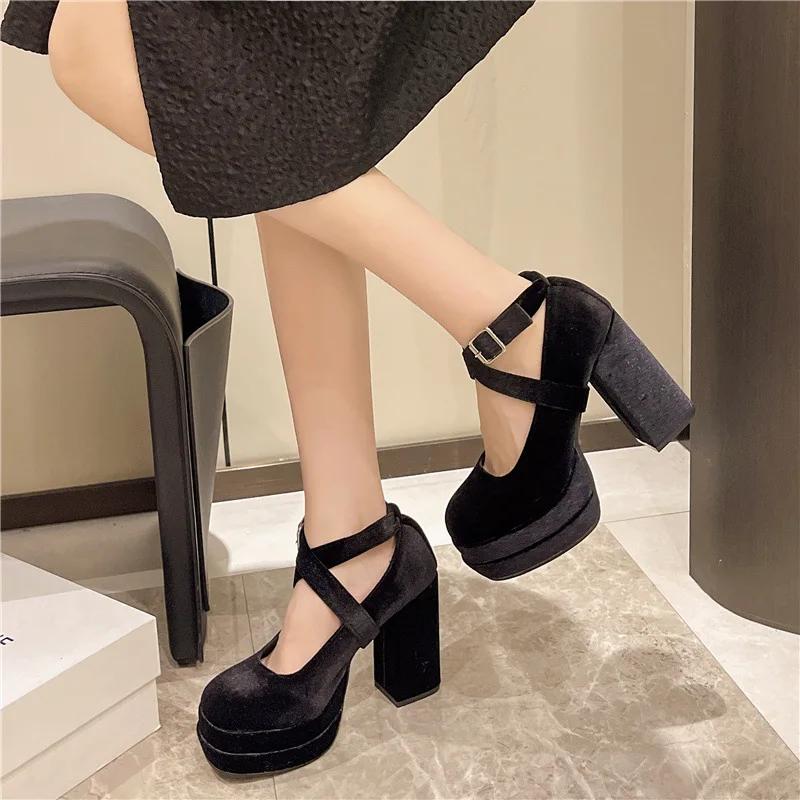 Fashion Hot Selling Mary Janes Shoes Women Suede Luxury High Heel Lace Up Trend Lolita Shoes Elegant Chunky Party Pumps Zapatos De Mujer