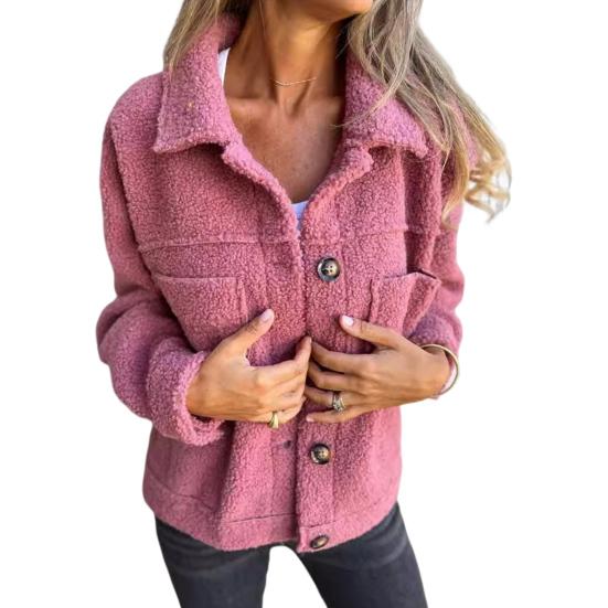 Winter Women Jacket with Double Pockets Thick Fleece Button Closure Cardigan Long Sleeves