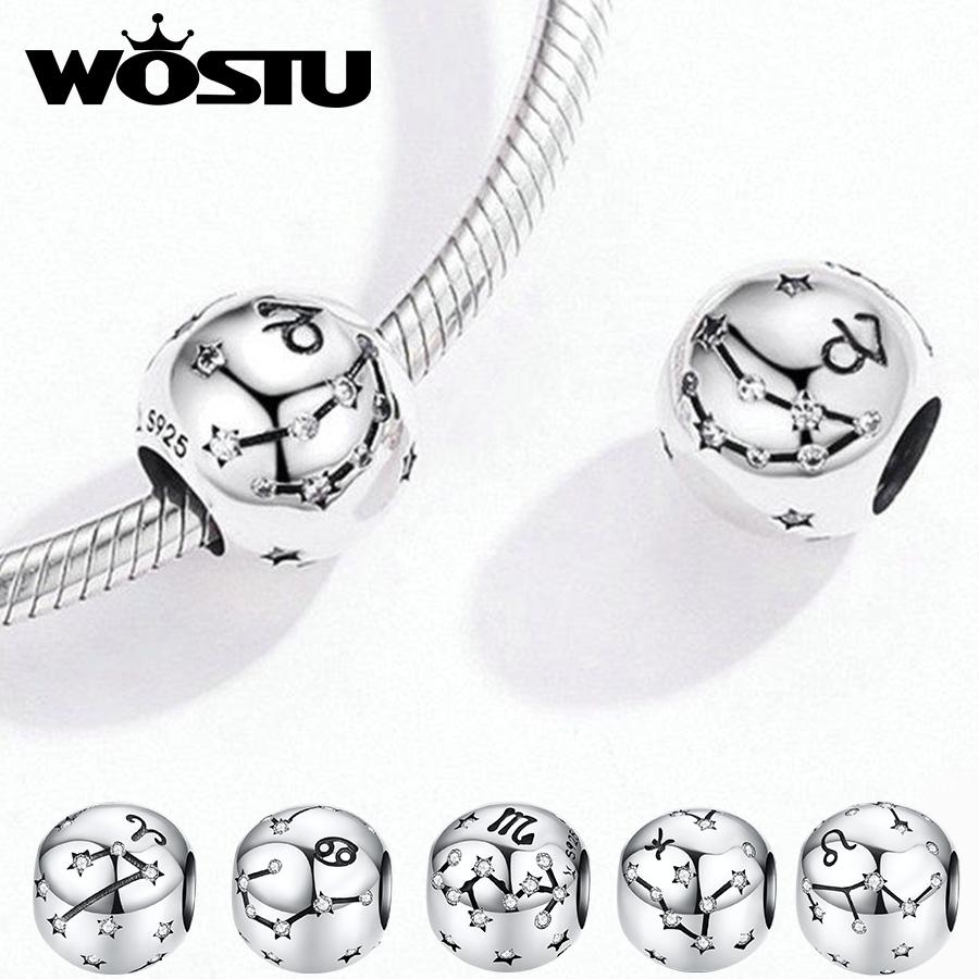 WOSTU 12 Constellation Aries Beads 925 Sterling Silver CZ Charm Fit Original DIY Bracelet Beads