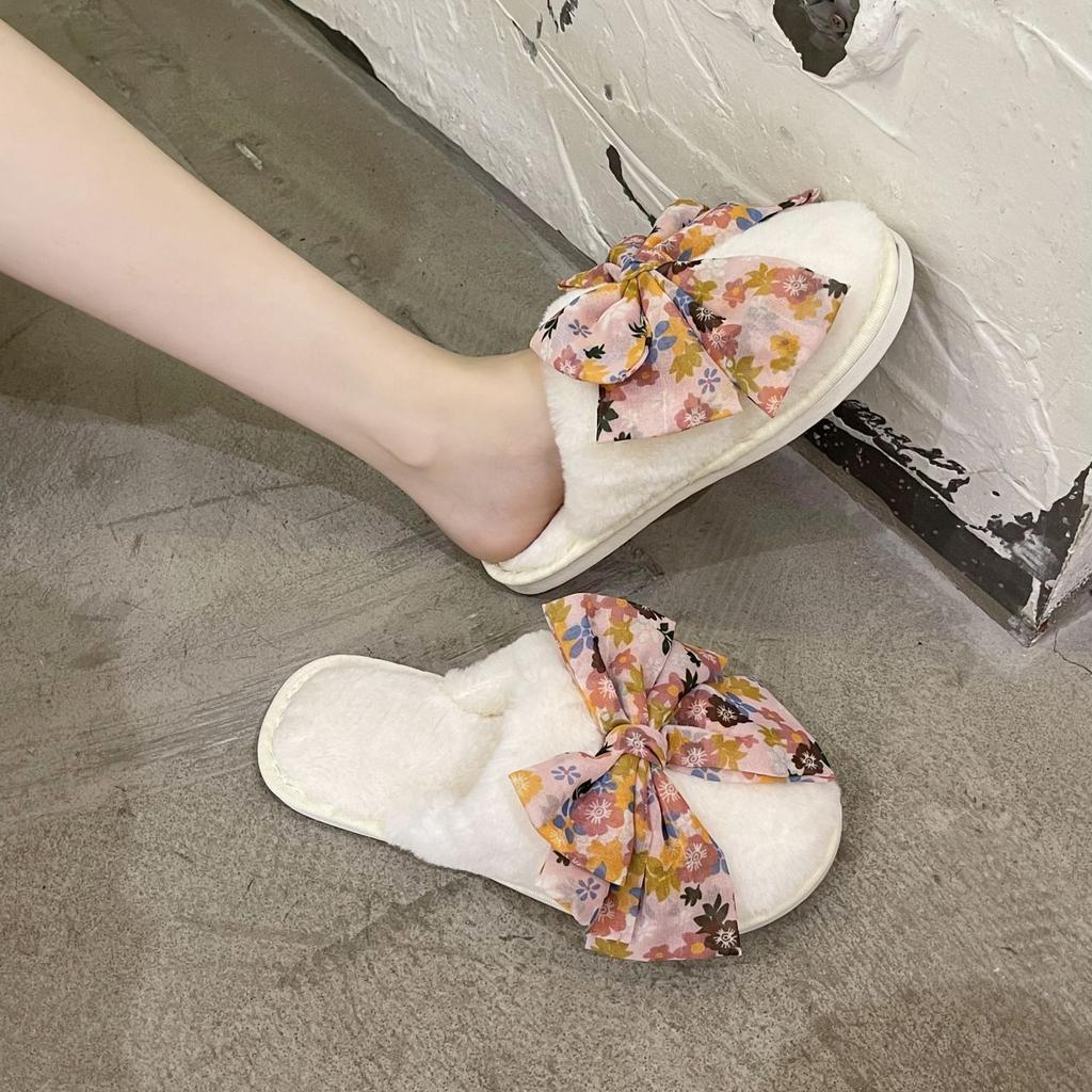 Internet Celebrity Fashion Small Fresh Indoor Cotton Slippers Women 2025 Flat Bottom Home Floral Bow Cotton Slippers Women Outside Wear