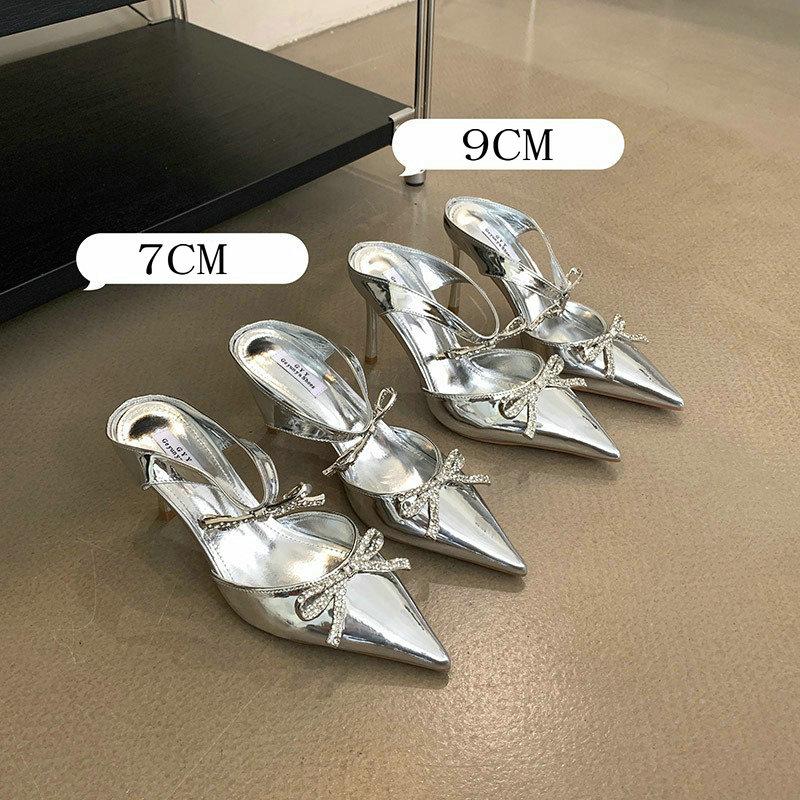 Fashion Advanced Sense ~! Silver Patent Leather Rhinestone Bow Pointy Half Slippers For Women With Fine Heels And High Heels