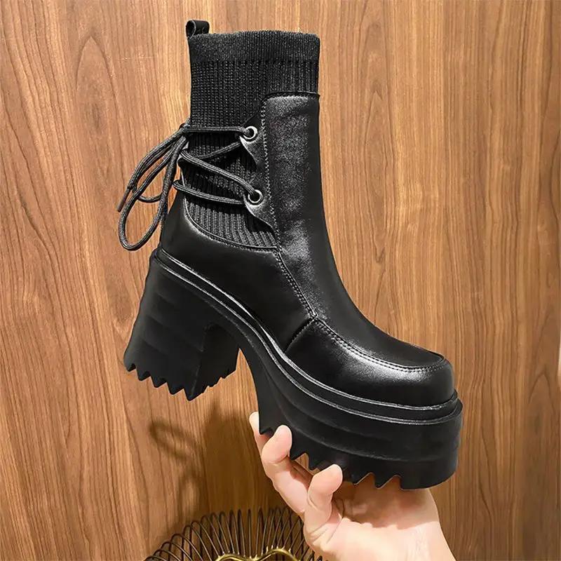 2024 New Ankle Modern Boots Cotton Fabric Lace FashionBlack Chunky High Heel Super High Platform Shoes for Women Spring Autumn