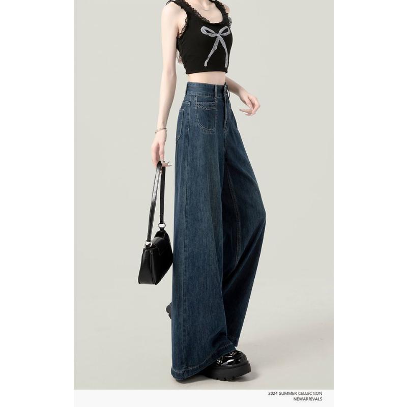 2025 Dark Blue High Waist Wide Leg Jeans Women's Summer Versatile Slimming Fall Clothes Loose Straight Pants Spring and Autumn