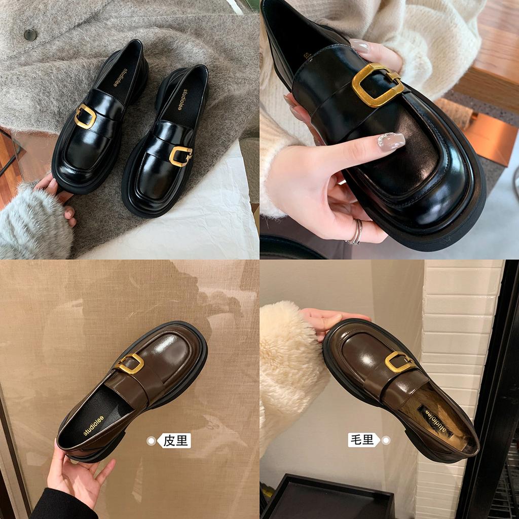 A Straight Strap Square Buckle, Thick-soled Block Heel, Square Round Head, Loaf, Small Leather Shoes, Women's Spring and Autumn