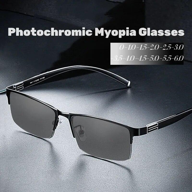 Trendy Business Photochromic Myopia Glasses for Male Men's Vintage Half Frame Anti-blue Eyewear Smart Color Changing Sunglasses