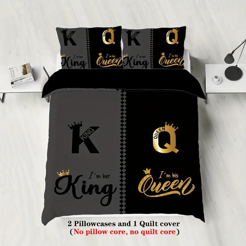 3pcs King Size and Queen Pattern, Black and Gray Printed Fashionable Bedding Set, 1duvet Cover+2 Pillowcases, for Home Bedroom