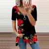 Women's Top Summer New Fashion Multicolored Rose Printed Casual Zipper V-neck Short Sleeve Top
