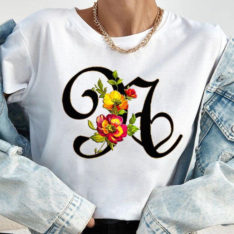 Custom Name Letter Combination Tops Fashion Women T-Shirt Rose Flower Heart Letter Font A B C D Short Sleeve Tees Black T-Shirt