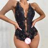 Sexy Women Bodysuit See-through Hollow Out Lace Bow Open Crotch Sleeveless Sknny Low-cut Cross Back Adjustable Spaghetti Strap Playsuit