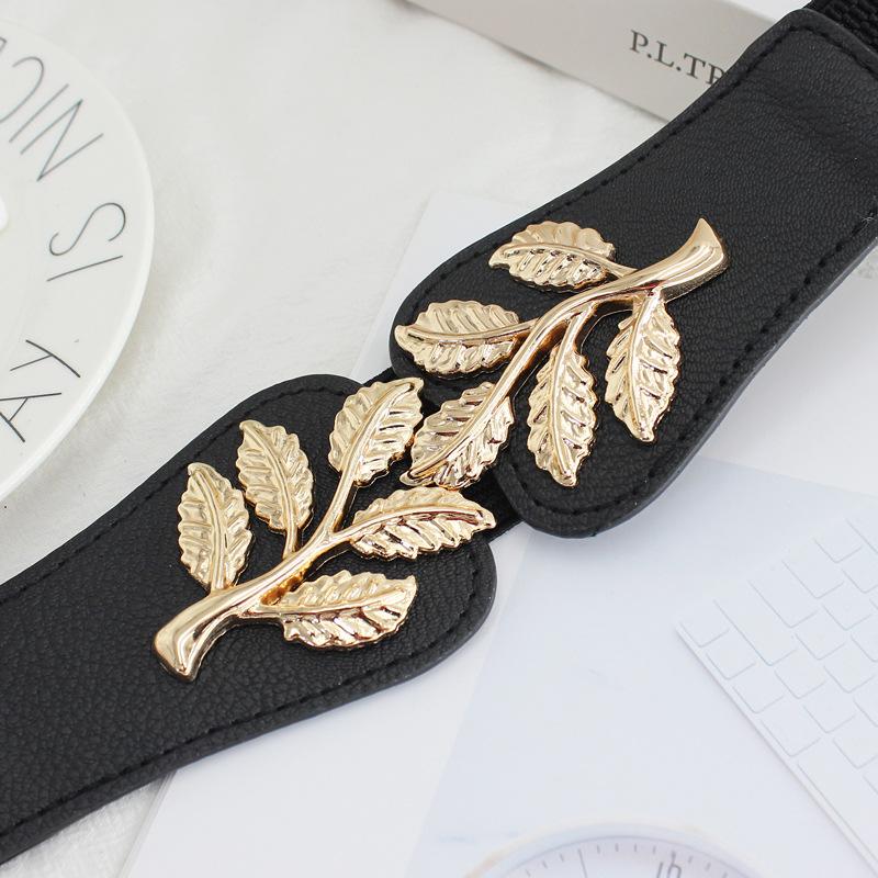 Gold Leaf Pair Buckle Elastic Belt Women'S Dress Decorative Fine Elastic Waist Seal Three Sizes
