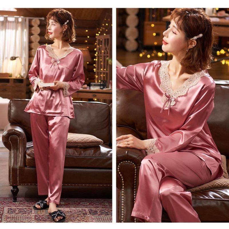 Spring and Autumn Ice Silk Long-sleeved Thin Women's Pajamas Sexy Korean Style Cute Spring and Summer Plus Size Two-piece Suit