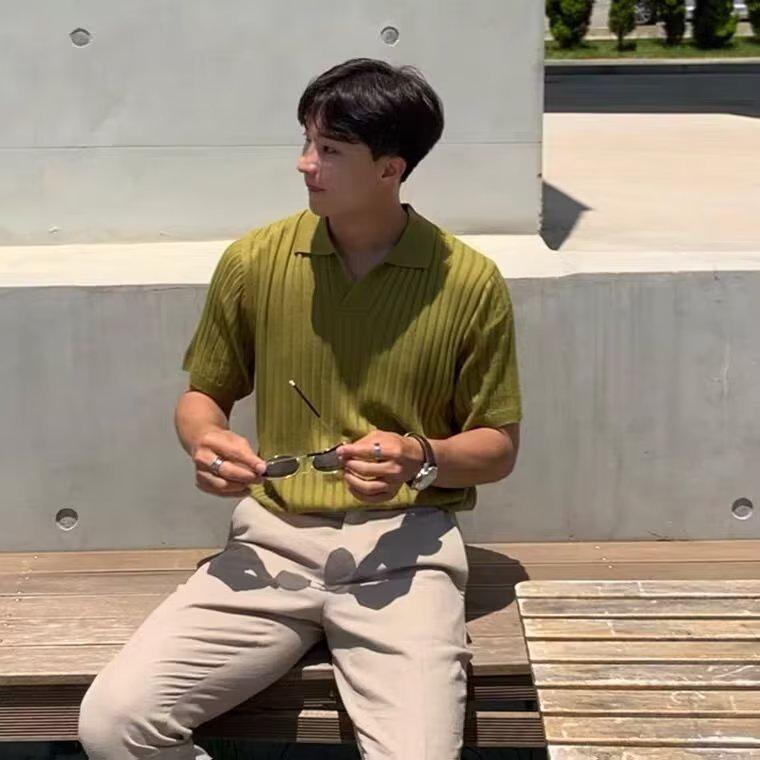 Men's Summer Korean Style Slim Fit Knitted Polo Shirt - Short-Sleeve, Solid Color, Ice Silk, Turn-Down Collar