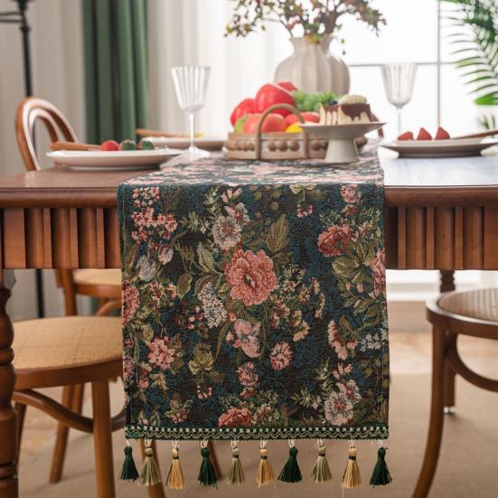 Рождественская зеленая жаккардовая дорожка на стол с кисточкой, декоративная праздничная настольная дорожка