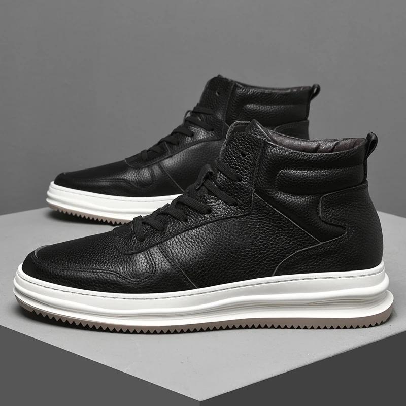 Luxury Men Sneakers Comfy Men Lace-up Solid Ankle Boots Man High Top Shoes Genuine Leather Casual Boots Minimalist Shoes for Men