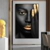 Black Woman Portrait Canvas Painting Gold Lips and Hands Women Poster Modern Wall Art Pictures for Living Room Home Decor Prints
