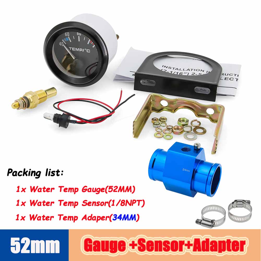 52mm Water Temperature Gauge 40-120 Celsius with Adaptor Joint Pipe Radiator 1/8NPT Sensor Car Racing Water Tank Level Indicator