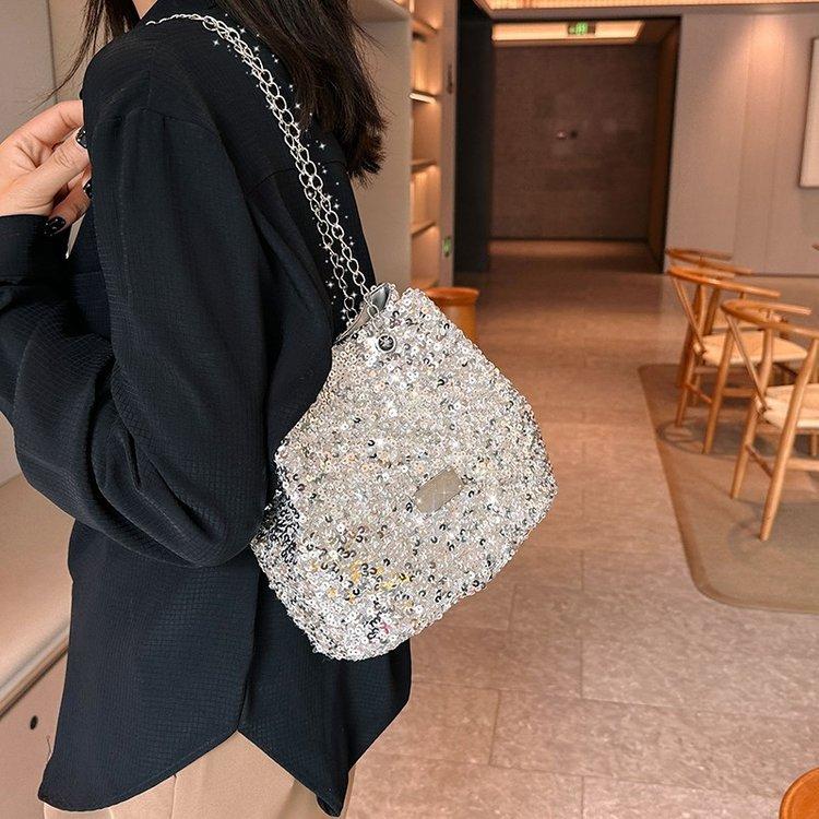 This Year's Popular Niche Design Sequined Bag 2024 New Women's Bag Personalized Chain Messenger Bag Shoulder Bucket Bag