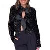 Women Autumn Winter Cropped Coat O-neck Long Sleeve Sexy Nightclub Coat Sequins Bowknot Lace Up Glitter Cardigan Party Club Outerwear