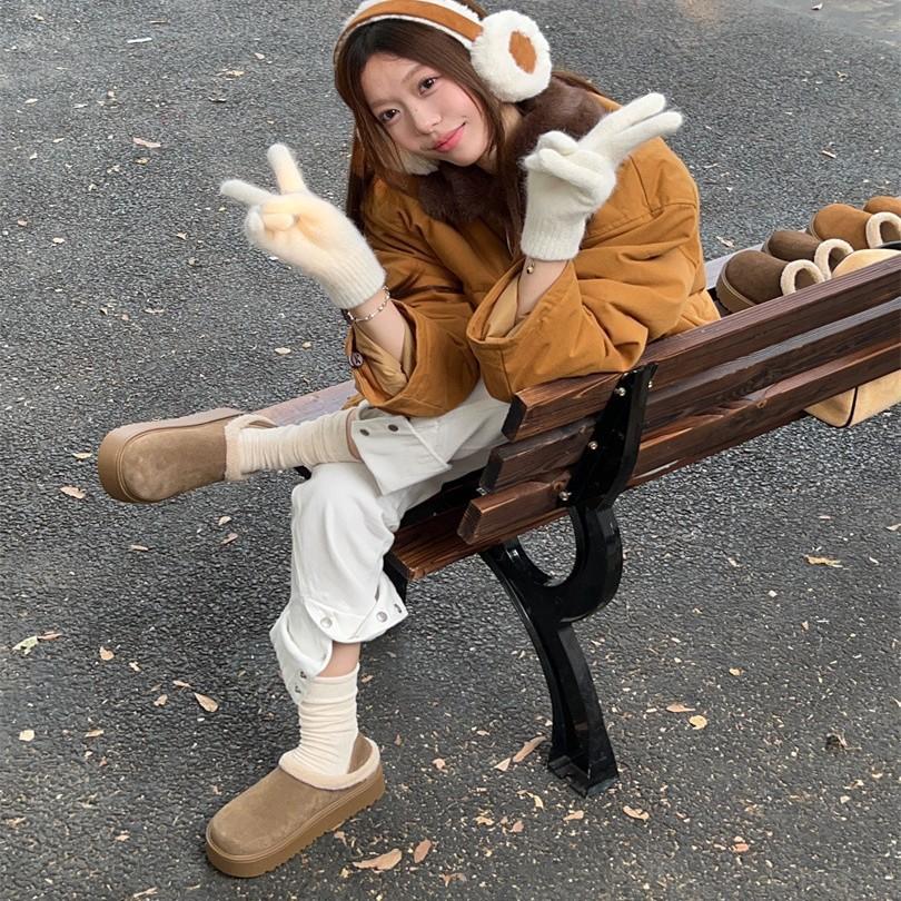 2025 Autumn and Winter Flat-soled Thick-soled Cotton Shoes with Fleece and Thick Warm Single Shoes Can Be Stepped On with Two Heels, and Women Wear 