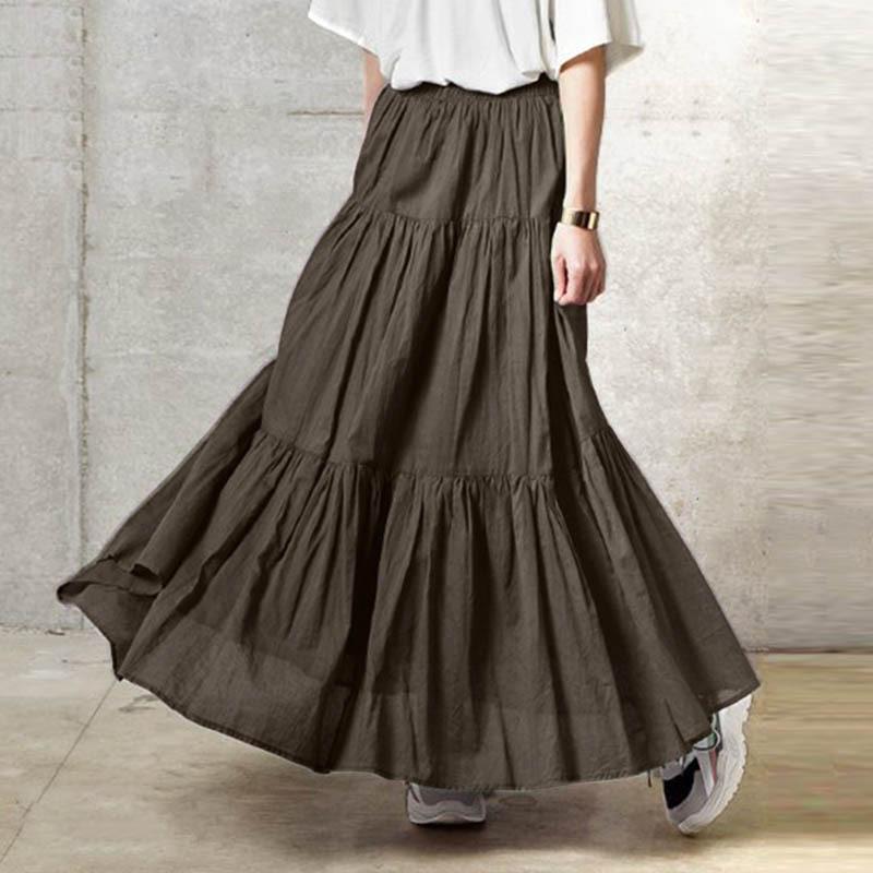 Women Cotton A-line Skirts Summer Loose Casual Elastic Waist Long Skirts