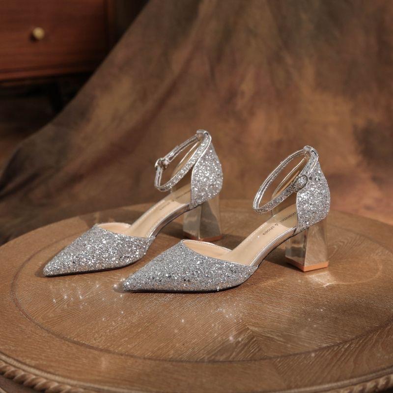 Wedding Shoes Main Wedding Dress Is Not Tired of Feet Bridal Shoes Golden One-word Strap High Heels Women's Thick Heels Beautiful Crystal Bride