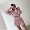 Autumn Winter Women Casual Twist Knitted Sweater Pant Two Piece Set Full Sleeve Zipper Pullover Tops and Elastic Waist Shorts Tracksuit