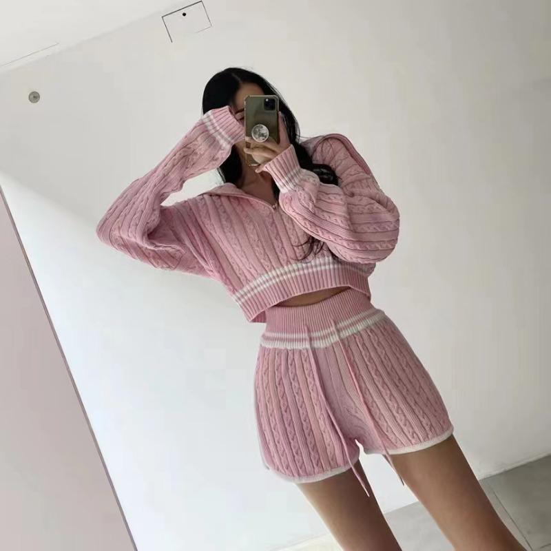 Autumn Winter Women Casual Twist Knitted Sweater Pant Two Piece Set Full Sleeve Zipper Pullover Tops and Elastic Waist Shorts Tracksuit