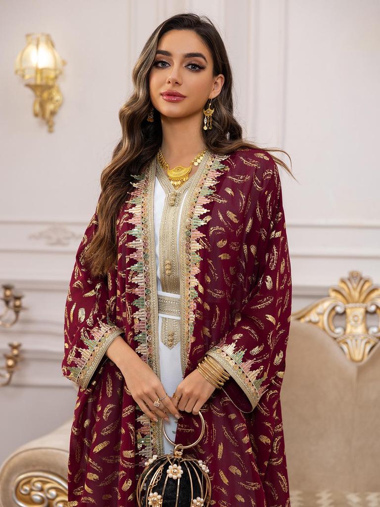 AB454 Women's Plus Size Dubai Chiffon Abaya Set - Three-Piece Middle Eastern Cardigan Long Dress with Hot Stamping