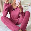 Women Autumn Winter Sleepwear Ribbed Pajamas Set Long Sleeve Top and Long Pants 2 Piece Set Casual Homewear Loungewear