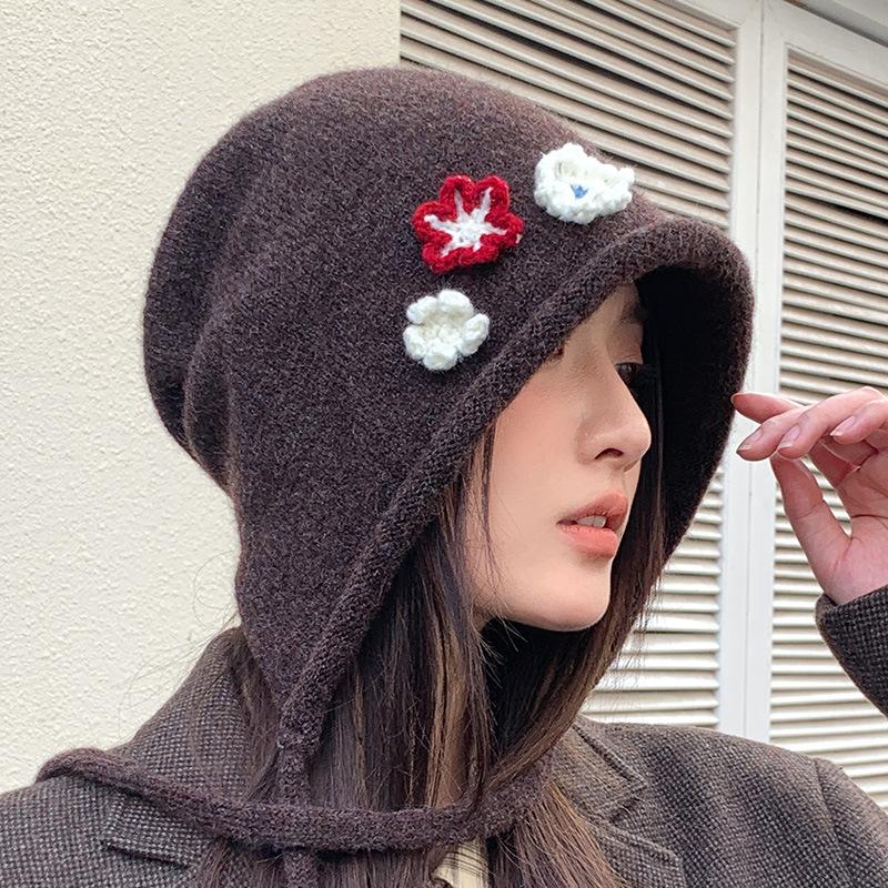 Осенне-зимняя вязаная шляпа-ведро с цветами Новая шляпа Женская милая шляпа-ведро Повседневная шляпа-ведро