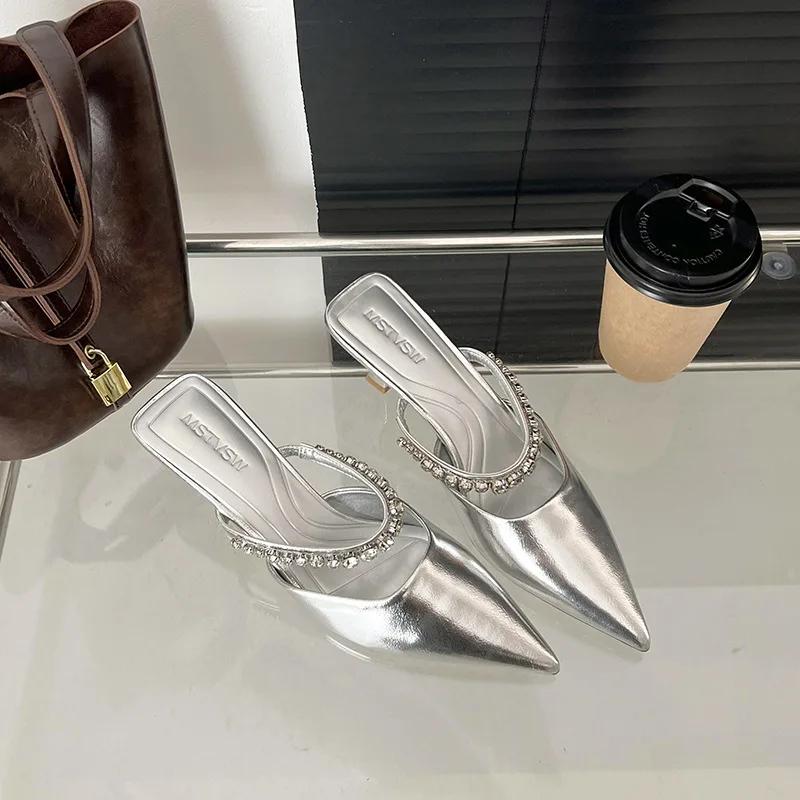 Fashion 2025 Spring New Female Black Satin Rhinester Bright High Heels Pointed Head After Empty Fashion Slippers Sandalias Mujer