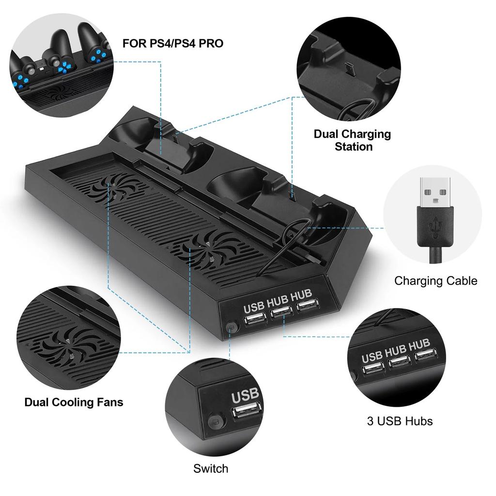 Vertical Stand for PS4 Slim / PS4 with Cooling Fan for Playstation 4