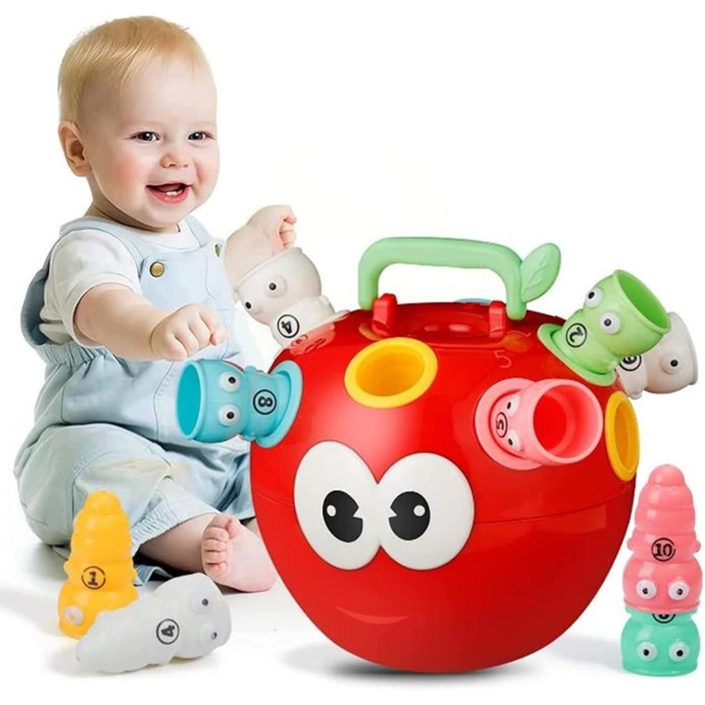 Apple Sorting Toy with Storage Stacking Toy Matching Number Toys with Number & Color Sorting Apple & Worm for Baby Toddlers