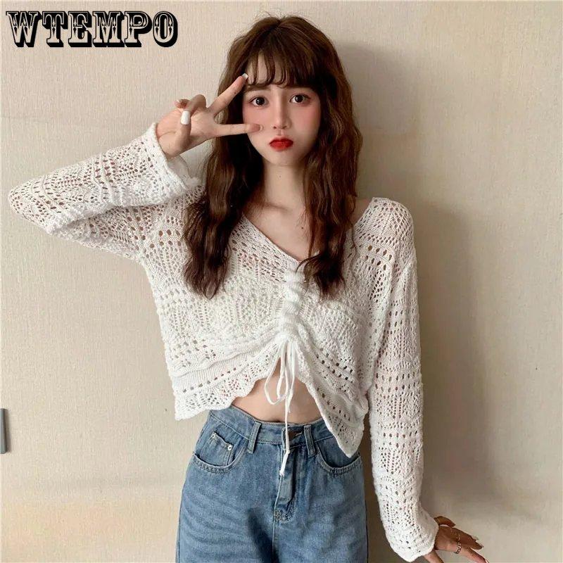 Girl's Hollow Out Solid V-Neck Knitwear Spring Long Sleeve Loose Thin Casual Knitted Tops Drawstring Sunscreen Pullovers