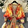 Bohemian Floral Chiffon Summer Dresses for Women 2025 Runway V-Neck Long Lantern Sleeve Sashes Beach Holiday Dressess Boho Robe