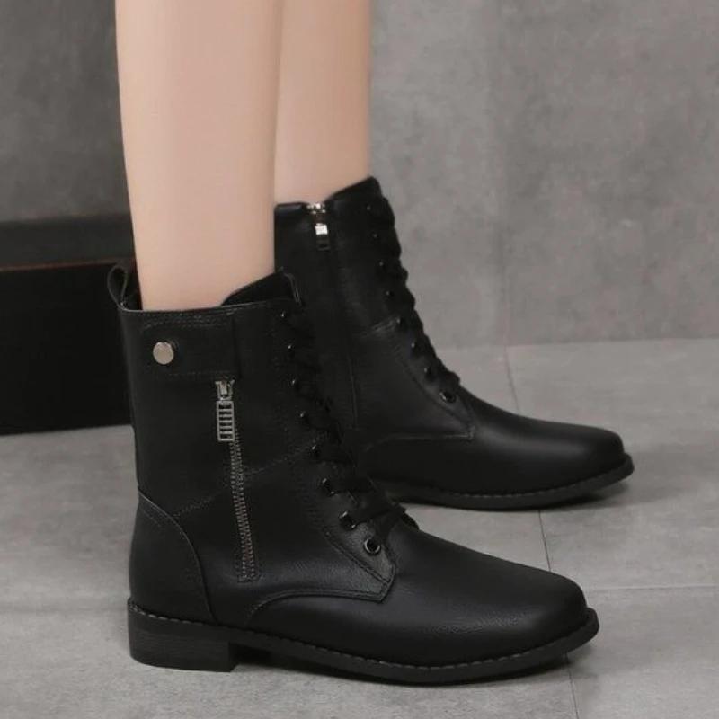 Female Shoes On Sale 2024 Lace Up Women Boots Winter Pointed Toe Solid Short Barrel Chunky Heel Fashion Boots Zapatos De Mujer