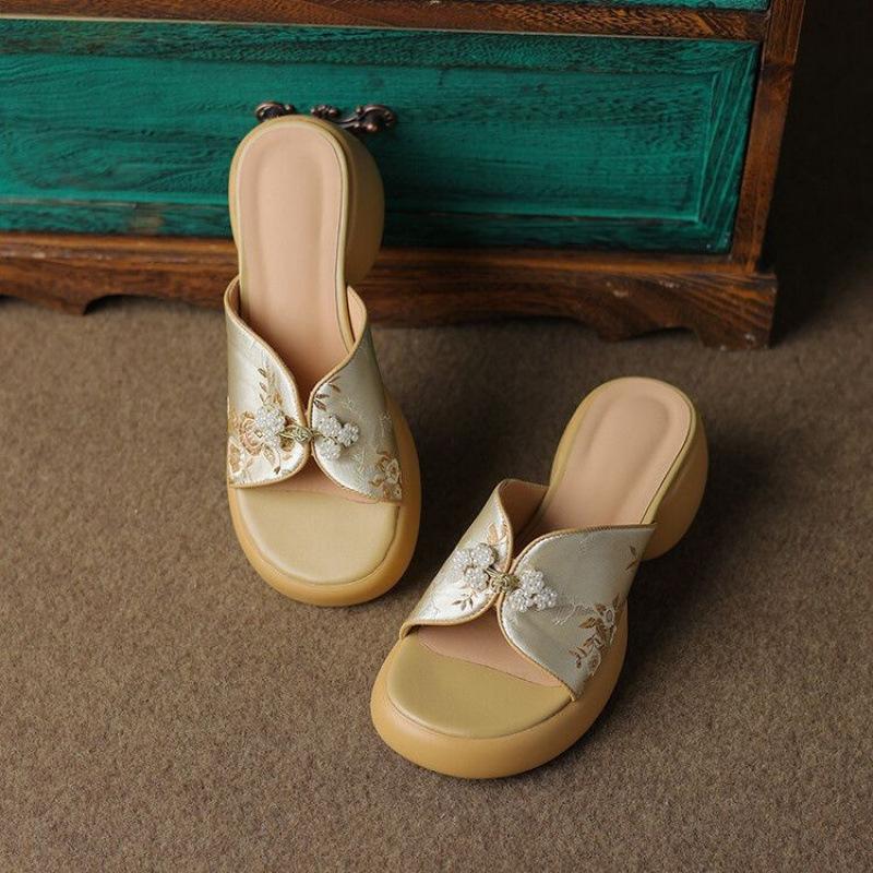 New National Style Chinese Soft Leather Open-toed Half-tow Thick-soled Thick-heeled Versatile Cool Slippers Women Wear One-word with High-heeled Sand
