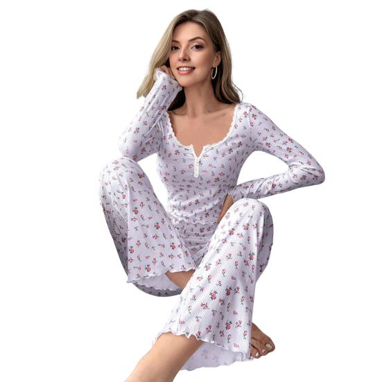 Women's Long Sleeve Pajama Set Ruffle Trim V Neck Crop Top And Wide Leg Pants Sleepwear Set Floral Print 2 Piece Pjs Set
