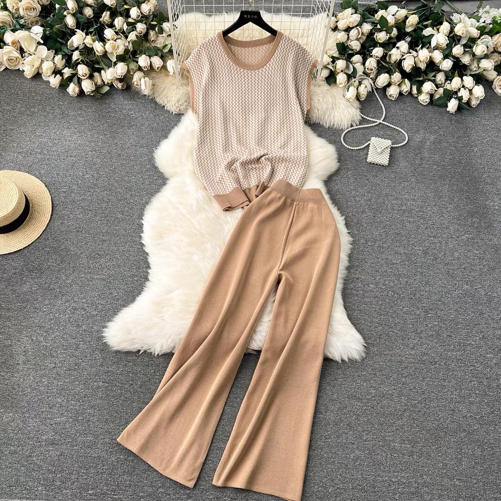 Summer Women Knitted Sweater Tracksuit Sleeveless Striped Tank Vest Tops and Ankle Length Pant Two Piece Set