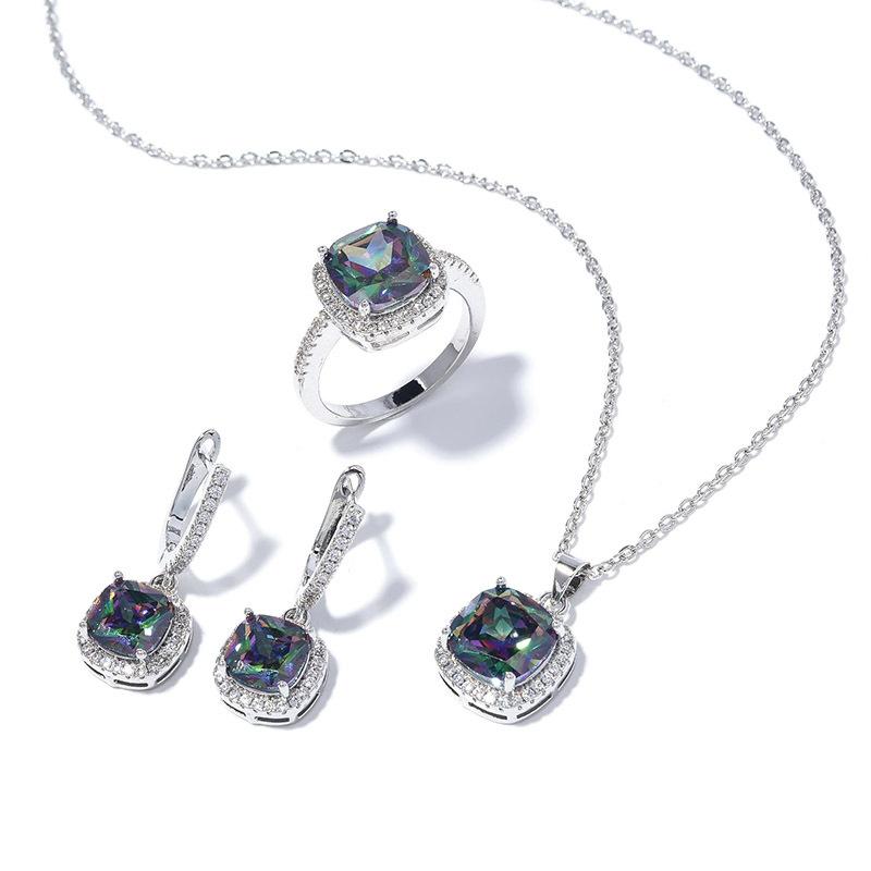 Square Zircon Ring Simple Fashion High Sense Personalized Earrings Necklace Set