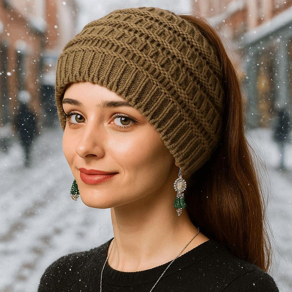 Solid Color Ponytail Beanie Hat Headwear Women's Hat Warm Knitted Hat  Winter