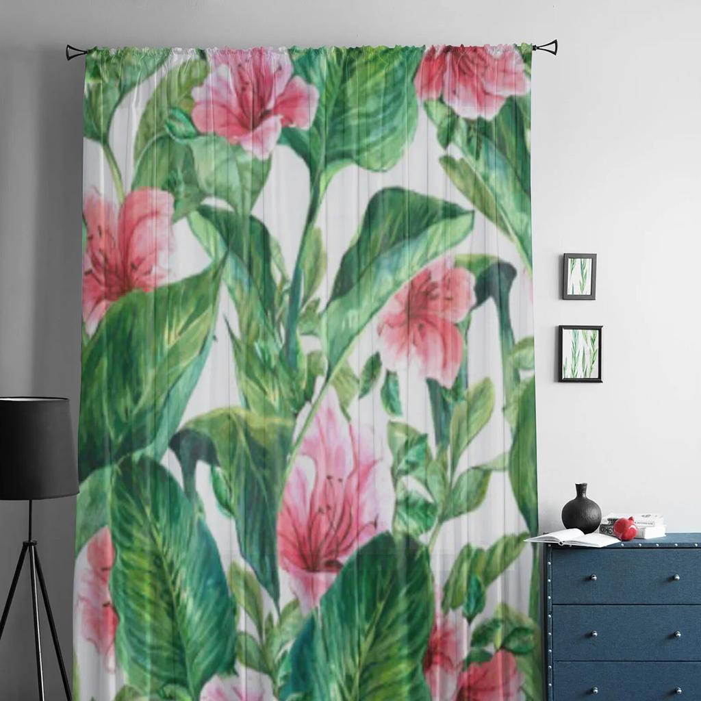 Watercolor Exotic Flower Leave Sheer Curtains for Living Room Transparent Tulle Window Curtain Bedroom Kitchen Decor Veil Drapes