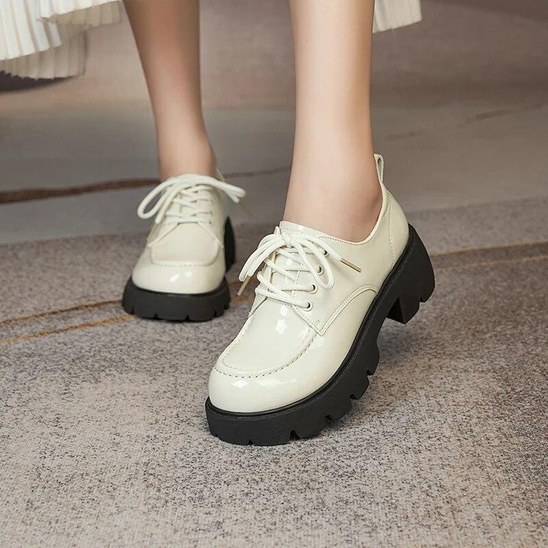 Women Loafers  Women Shoes British Style Platform Lace-up Round Toe Women's Shoes
