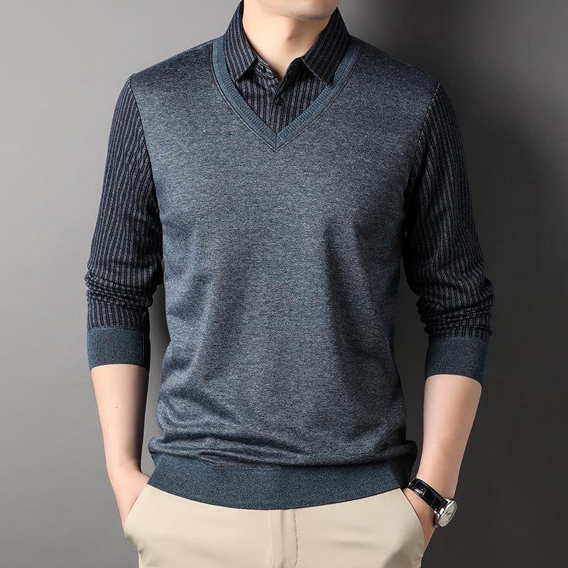 Business Lapel Fashion Striped Knitted Sweater Men's New Fake Two-Piece Knitted Sweaters Young and Middle-Aged Shirt Collar Top