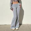 Women Flared Pants Elastic High Waist Solid Color Casual Trousers Basic Style Slim Fit Long Pants Daily Wear