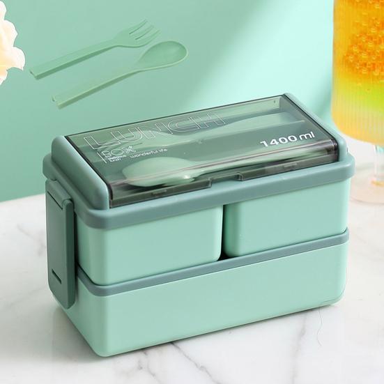 Lunch Box Compartment Design Easy Carrying Double Layer Microwave Safe Japanese Style Students Bento Box with Fork Spoon Daily Use