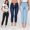 Women's Denim Jogger Pants Ladies Drawstring Elastic Waist Jeans Cropped Trouser
