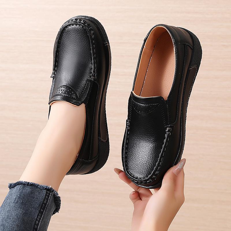 Genuine Leather Thick-Soled Loafers for Women - Soft, Casual Slip-On Shoes for All Seasons, Suitable for Pregnant Women