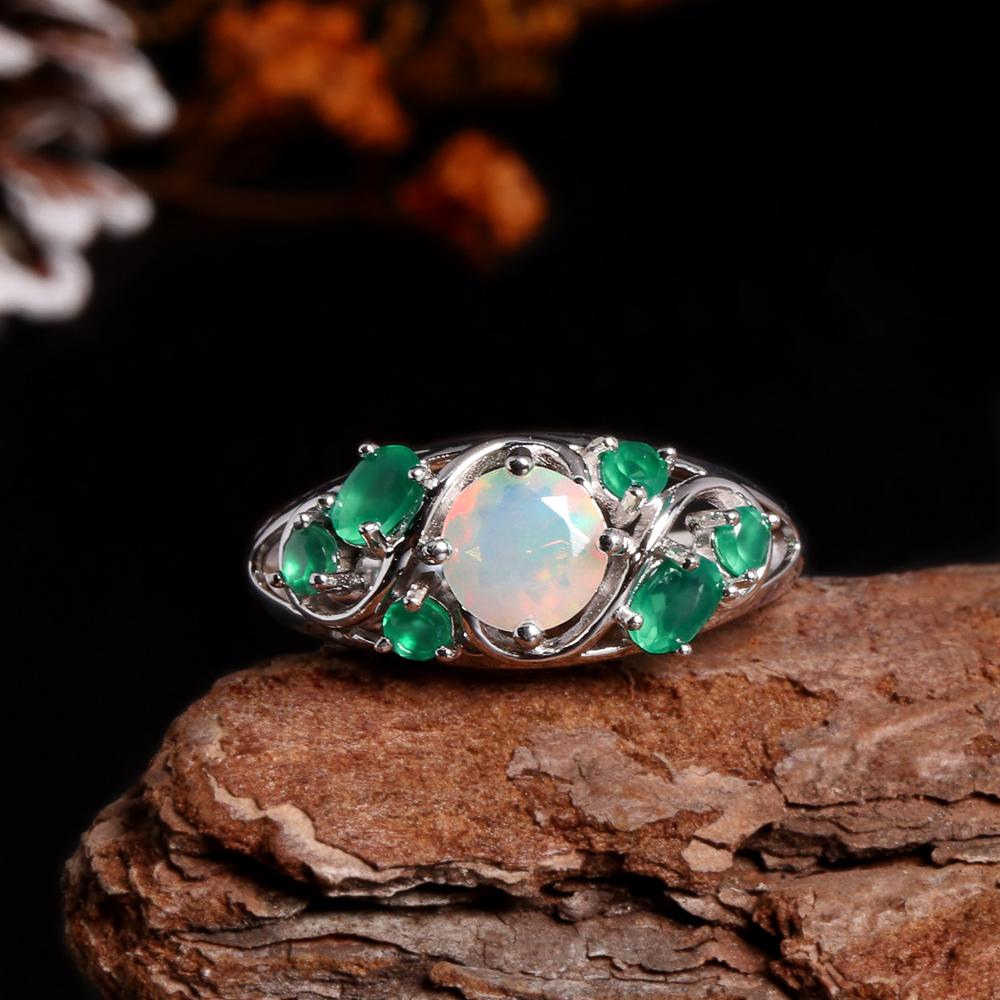 Luxury Design Natural Color Rich Opal & Green Agate Gemstone Ring Earrings Set Light Luxury Beautiful Jewelry for Women
