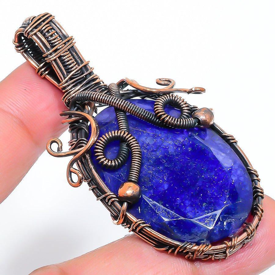Sapphire Natural Gemstone Handmade Copper Wire Wrap Pendant 2.56" W8r63